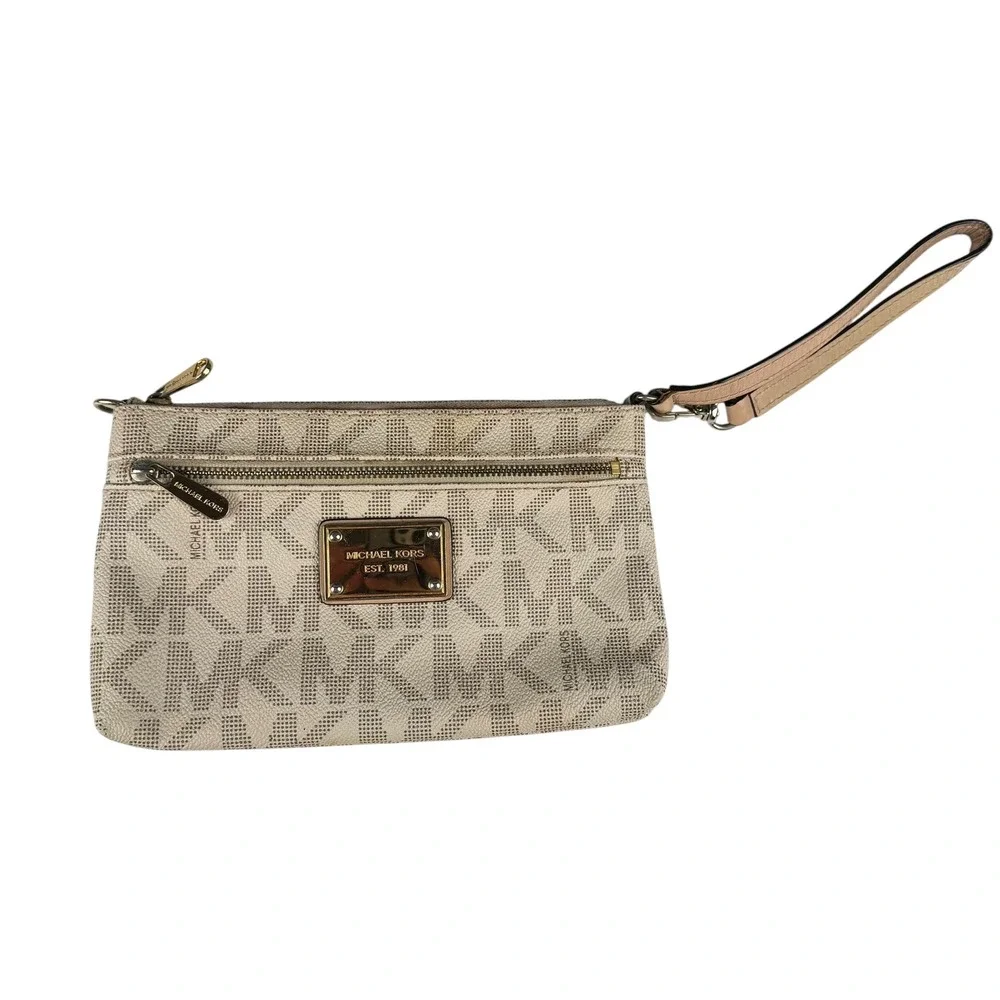 Michael Kors‎ Signature Monogram Wristlet Clutch Cream Tan Gold Hardware WPB72Q